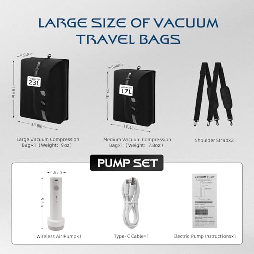 Travel Vacuum Bags With Pump,Space Saver Vacuum Storage Bags, Ip67 Waterproof,Airless Vacuum Kit Travel Carry On Suitcase and Backpack (2 Pack+Pump） - size: M+L
