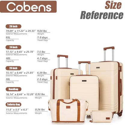 Cobens 스피너 휠이 있는 수하물 세트 5피스, 경량 하드쉘 슈트케이스 세트, 남성 및 여성용 잠금 장치가 있는 휴대용 수하물 여행 세트, 내구성 있는 ABS 하드 케이스 포함, 베이지., 패션 - color: 베이지.