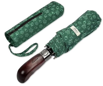 Balios Folding Umbrella Real Wood Handle Auto Open Close - color: Maple Leaves Dark Green