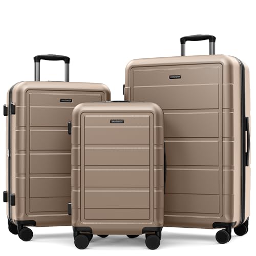 SHOWKOO G-Series Luggage set 3pcs, 100% PC Durable Hardshell Suitcase - color: Champagne, size: 3-Piece Set (20/24/28in)