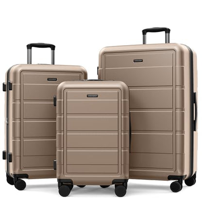 SHOWKOO G-Series Luggage set 3pcs, 100% PC Durable Hardshell Suitcase - color: Champagne, size: 3-Piece Set (20/24/28in)