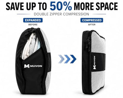 MUVON Compression Packing Cubes, 3 Pack Travel Organizers for Carry-On Luggage, Double-Zipper Compression Bags, Oxford 300D, Black