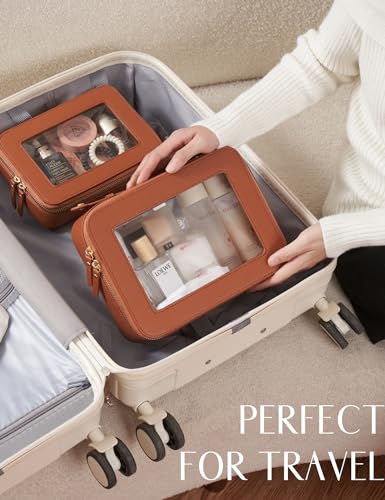 Popvibe Clear Makeup Bag Toiletry Case Travel Transparent Cosmetic Bag with Zipper, Portable Make Up Organizer Traveling Compact Car Bag for Essentials - color: Brown, style: Dual Elegance