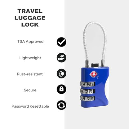 TSA Approved Locks for Luggage, Small Combo Lock with Code, Travel Padlock with Cable, TSA 007 Lock for Suitcase, Locker, Gym, Cabinet, Gun Case, Backpack, Zipper Locks for Travel (Blue) - color: Blue
