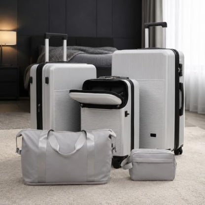 5 Piece Hardside Luggage Set with Half-Opening Front Compartment, Carry On Suitcase with Double Spinner Wheels, Lightweight Travel Luggage with USB Port and TSA Locks - color: Silver