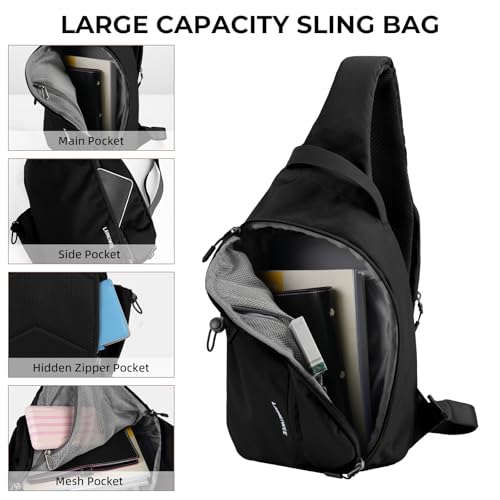 Crossbody Sling Bag, RFID Travel Hiking Sling Backpack, Compact EDC Bag - color: Black