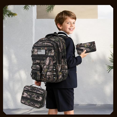 GeeWin Camo Backpack for Boys, 4PCS Boys Backpack with Lunch Box Set - color: Leaf Camo