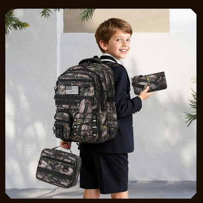GeeWin Camo Backpack for Boys, 4PCS Boys Backpack with Lunch Box Set - color: Leaf Camo