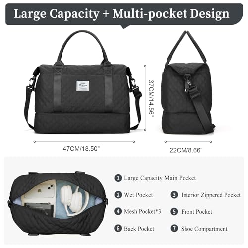 Weekender Bags for Women, Travel Duffel Bag with Shoes Compartment - color: Grid-Black, size: Large