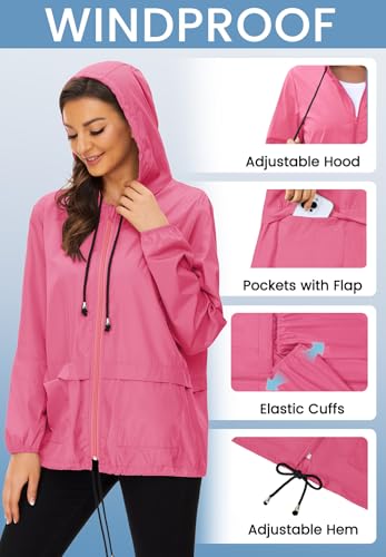 Zando Lightweight Rain Jacket Women Packable Waterproof Raincoat with Hood - color: Hot Pink, size: Medium