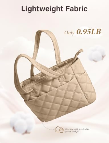 Uselike Tote Bag for Women, Lightweight Puffer Tote Work Bags with Compartments for Travel, Quilted Shoulder Bag with Zipper - color: Light Khaki