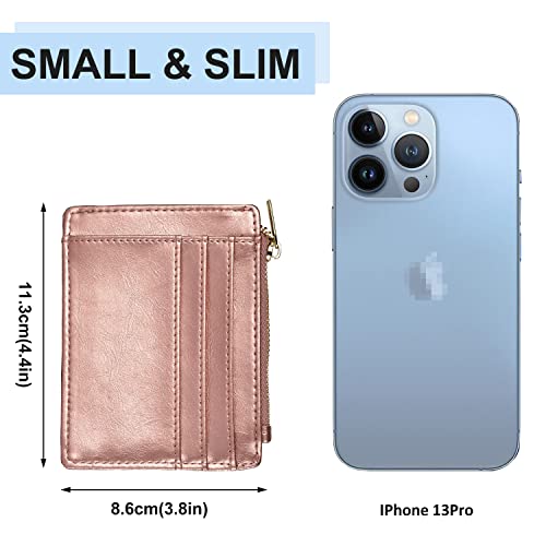 woogwin Slim RFID Credit Card Holder for Women Mini Front Pocket Wallet Purse With Keychain - color: Oil Wax RoseGold