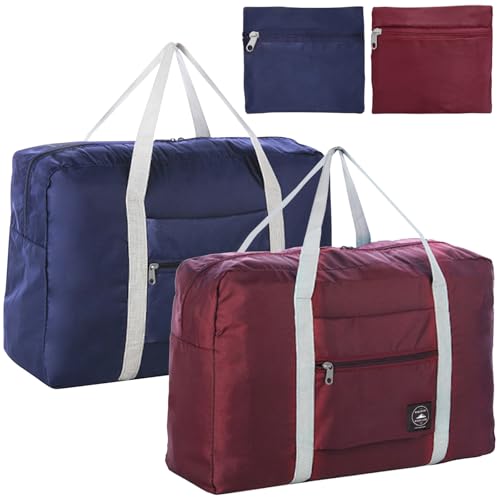 Foldable Travel Duffel Bags 2PCS Tote Carry On Luggage Spirit Airlines Personal Item Sports Gym Weekender Overnight Bags for Women and Men (Red+Blue) - color: Red+Blue