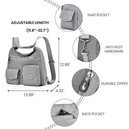 Hobo Purse for Women, Nylon Crossbody Shoulder Handbag Convertible Backpack - color: Grey