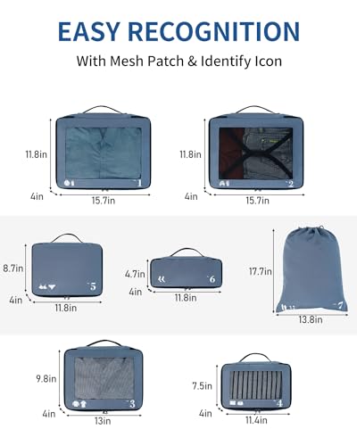 ECOHUB 7 Set Packing Cubes Tear-Resistant Luggage Packing Organizers with Number Icon for Travel Accessories Luggage Suitcase Machine Washable Packing Cubes (Blue) - color: Blue