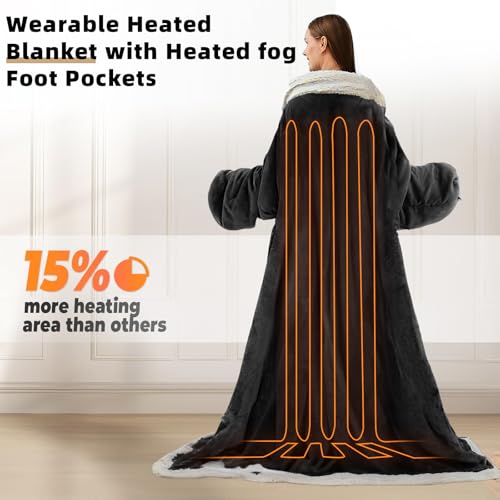 Heated Blanket Wearable Electric Blanket with Heated Foot Pocket, Portable Heated Blanket with Sleeves Flannel & Sherpa Heating Blanket with 6 Heating Levels & 1-10 Hour Timer, 51" * 71"+18", Grey