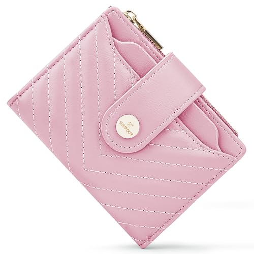 Small Womens RFID Bifold Pink Wallet,Compact Leather Card Holder - color: Pink