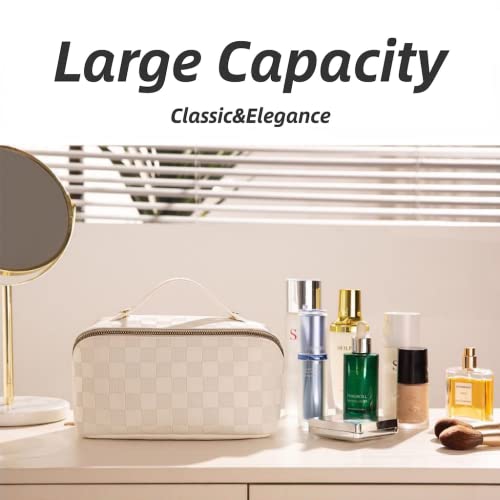 Checkered Makeup Bag,180° Flat Open Cosmetic Bag for Women,Large Capacity Travel Toiletry Bag with Brush Pouch,Waterproof PU Leather Make Up Organizer for Skincare & Makeup (white-checkered) - color: White-Checkered