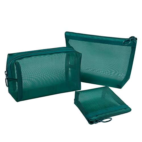 Aosbos 3-Pack Mesh Cosmetic Bag Set - Travel/On-The-Go Makeup Storage, Zipper Closure Small Pouch - color: Green