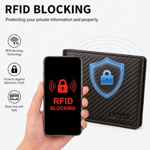 Wallet for Men Slim RFID Blocking Genuine Leather Bifold Mens Wallet - color: Carbon Fiber Black