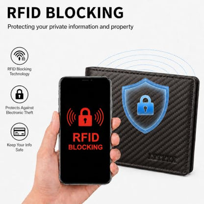 Wallet for Men Slim RFID Blocking Genuine Leather Bifold Mens Wallet - color: Carbon Fiber Black