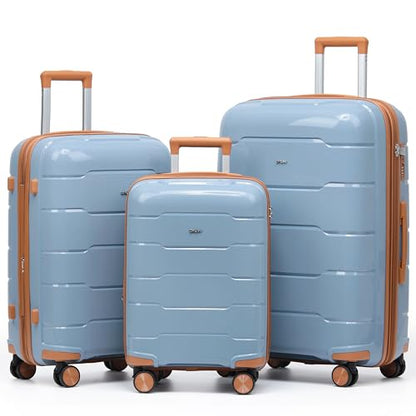 3-Piece Luggage Set Expandable Hardside Polypropylene Suitcase Set with TSA Locks & 8 Silent Spinner Wheels Lightweight Nested Suitcases Travel Set American Airline-Approved Carry-On - Blue/Tan - color: Blue/Tan, size: 3-Piece Set