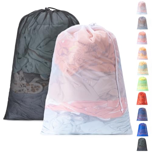 2 Pack Mesh Travel Laundry Bag 28" x 40"Extra Large Dirty Clothes Organizer - color: Black+White, size: 28"x40"