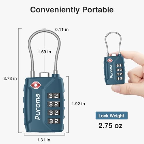 Puroma 2 TSA Approved Luggage Locks 4 Digit Code Cable Lock Blue Peacock | Resettable, Flexible Cable, Zipper holes, Zinc Alloy, Bright Color, Large White Numbers, Suitcase Train Travel, laptop bag - color: Basic Blue Peacock