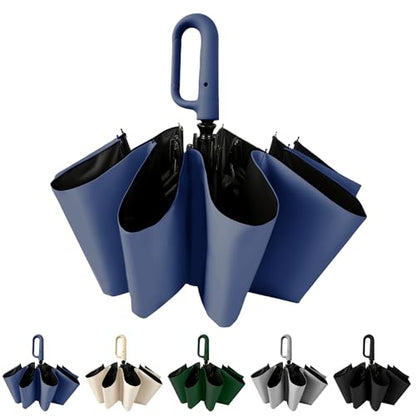 Compact Travel Umbrella, Carabiner Handle, Auto Open Close | 46-in canopy coverage, 41.7-in under-canopy diameter, 10 x 2 reinforced ribs, UPF 50+, clip-on carabiner handle. - color: Navy blue