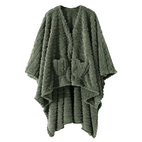 Wearable Blanket Poncho Cape Wrap for Adult, Cozy Sherpa Fleece Pocketed Shawl TV Throw Blankets for Office and Lounge,Green - color: Green