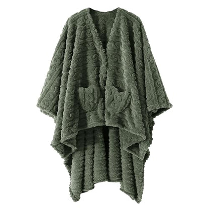 Wearable Blanket Poncho Cape Wrap for Adult, Cozy Sherpa Fleece Pocketed Shawl TV Throw Blankets for Office and Lounge,Green - color: Green