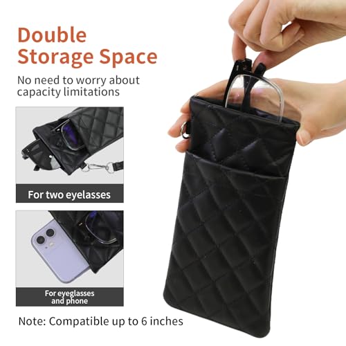 Double Eyeglass Case Soft Dual Glasses Case for Women Men Travel Squeeze Top Sunglasses Cases Eyeglasses Pouch - color: Black+black
