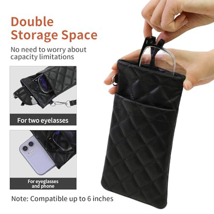 Double Eyeglass Case Soft Dual Glasses Case for Women Men Travel Squeeze Top Sunglasses Cases Eyeglasses Pouch - color: Black+dark Pink Lanyard