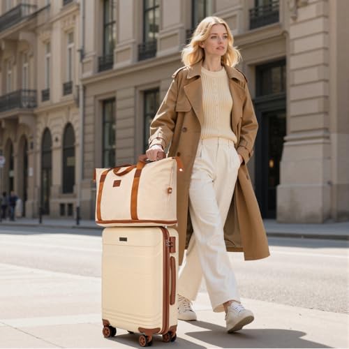 Cobens Luggage Sets 5 Piece with Spinner Wheels, 20/24/28inch - color: Beige