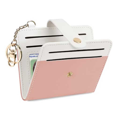 Airkit Small Wallet Women RFID, PU Leather Card Holder with Keychain - color: Pink & White