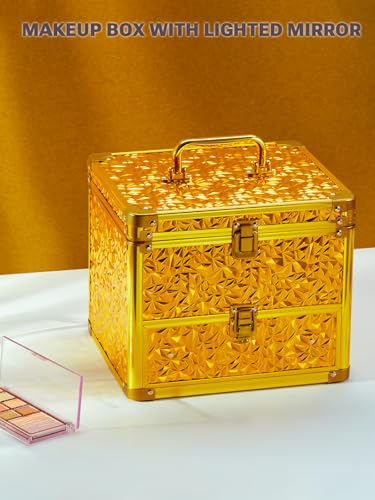 Qislee Makeup Box with Detachable Magnetic LED Mirror, Travel Train Case - color: Bling Gold, size: Large