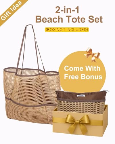 Mesh Beach Tote Bag for Women, 2-in-1 Large Lightweight Foldable Design - color: Khaki