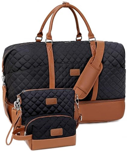 Weekender Bag, Large Travel Duffel Bag for Women, Carry on Overnight Bag with Shoe Compartment and Toiletry Bags - color: Black