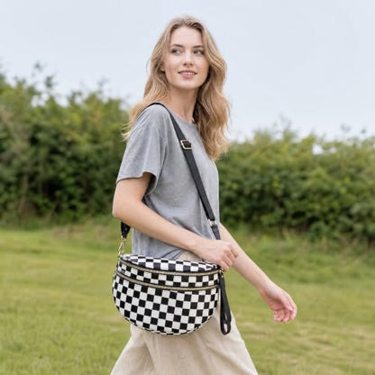 WITERY Checkered Crossbody Bag for Women Nylon Bum Bag with Wide Adjustable Strap Fanny Pack Checkerboard Shoulder Handbag - color: Black Checkered