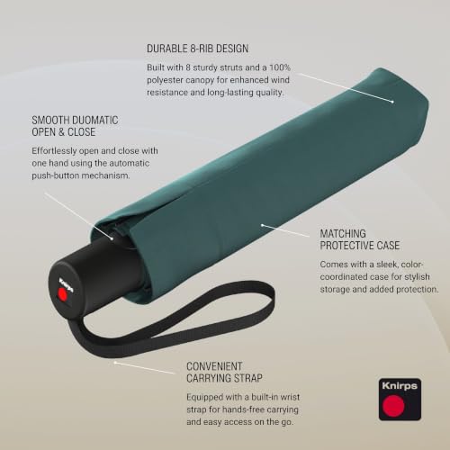 Knirps A.200 Medium Duomatic Windproof Umbrella for Adults – Automatic Open Close 38.5" Canopy, Travel Case Included - color: Teal