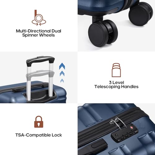 Carry On Luggage 22x14x9 Airline Approved, 3 Piece Set with Backpack - color: Navy Blue, size: 3 piece set (20inch)