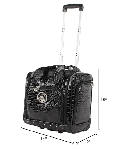 Kathy Van Zeeland Croco PVC Designer Underseat Luggage - 15 Inch Carry On Suitcase for Women- Lightweight Under Seat Bag with 2-Rolling Spinner Wheels (Black) - color: Black