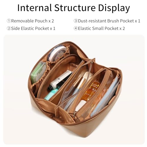 Travel Makeup Bag Cosmetic Bags for Women 3-Set Large Capacity Toiletry Bags with Handle Wide Open Portable Pouch - color: D01-Brown