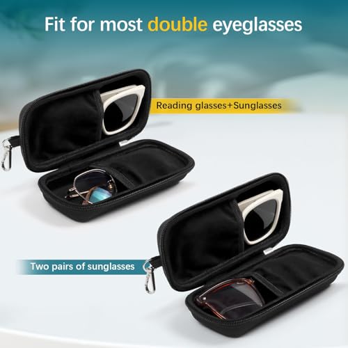 Double Eyeglasses Case for Dual Sunglasses, Hard Shell with Zipper - color: Black 2 Packs