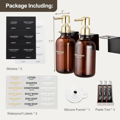 Amber Shampoo and Conditioner Dispenser Set of 3 - color: Dark Amber + Gold Pump