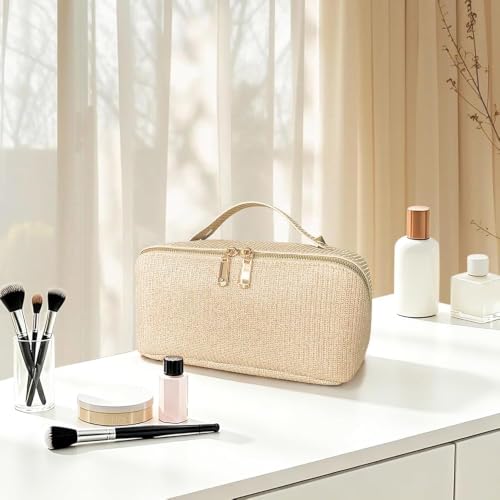 Makeup Organizer Bag, Travel Cosmetic Bag with Compartments, Gold - color: Gold