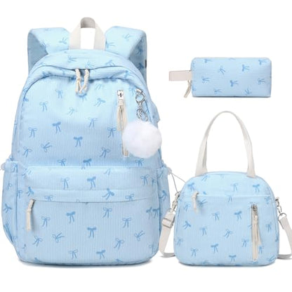 ACESAK 3PCS Corduroy Girls Backpack w/Lunch Box & Pencil Bag (Blue Bow Tie) - color: Blue Bow Tie