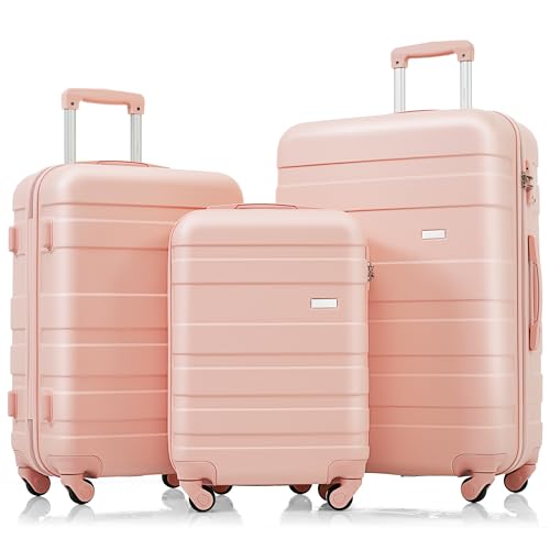 3 Pcs ABS Hardside Luggage Sets Spinner Wheel Suitcase TSA lock - color: brown pink