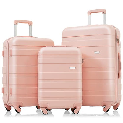3 Pcs ABS Hardside Luggage Sets Spinner Wheel Suitcase TSA lock - color: brown pink