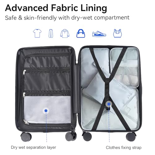 SOKOK Front Pocket Luggage Wide Handle with Spinner Wheels 24 Inch, Black - color: Black